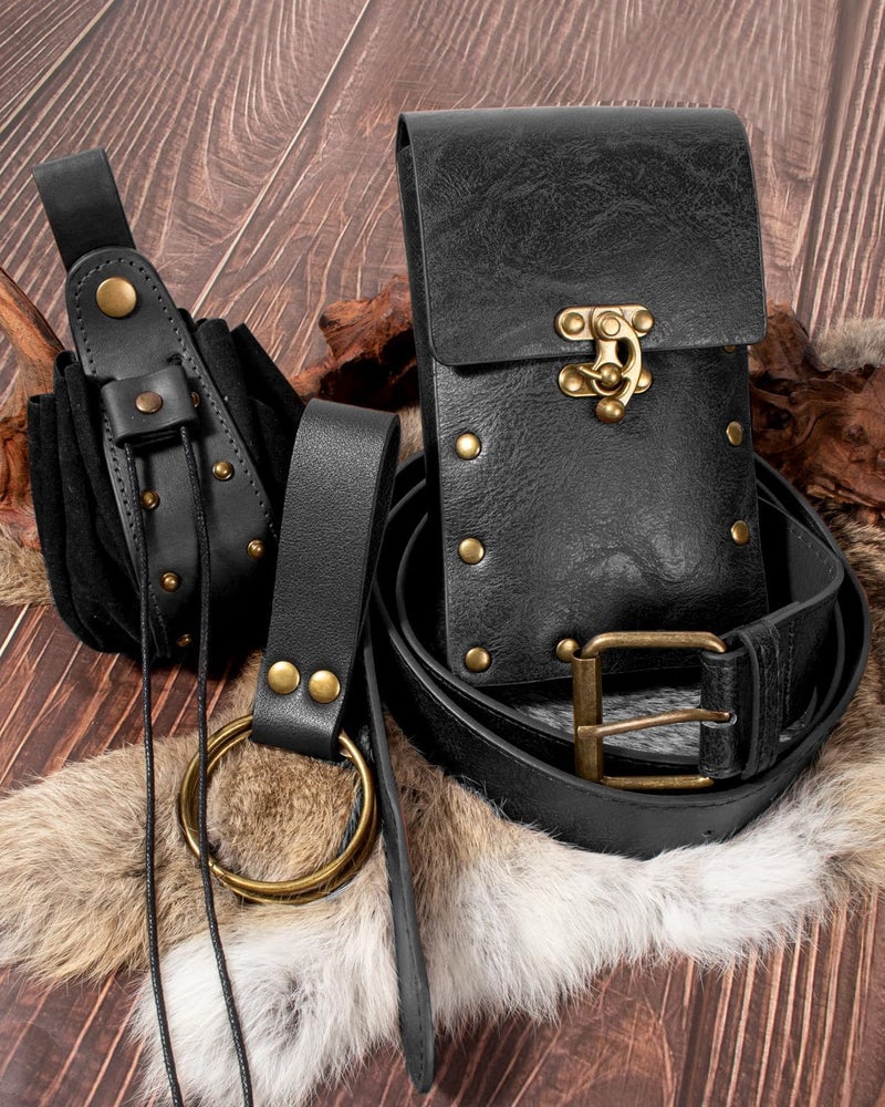 SUMGOGO Belt Pouch Waist Bag Fanny Pack Steampunk Phone Holder Casual Medieval Renaissance Cosplay Costume Accessories (2Pouch-Black) - Image 5